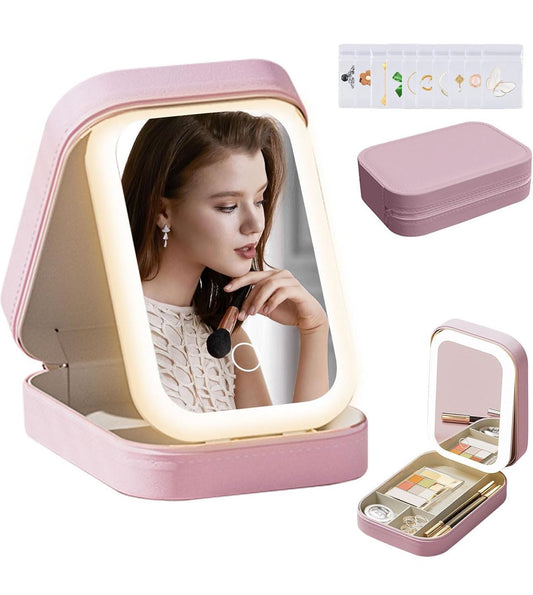 Jewelry Organizer with Multi Compartment Storage Box for Women | 3 Color Light Setting Dust Proof Cosmetic Case | Portable LED Makeup Bag | Portable Cosmetic Organizer Box